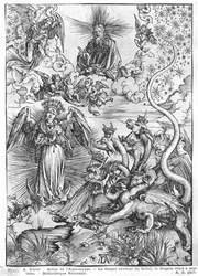Szene aus der Apokalypse, Die Frau mit der Sonne bekleidet und der siebenköpfige Drache, lateinische Ausgabe, 1511